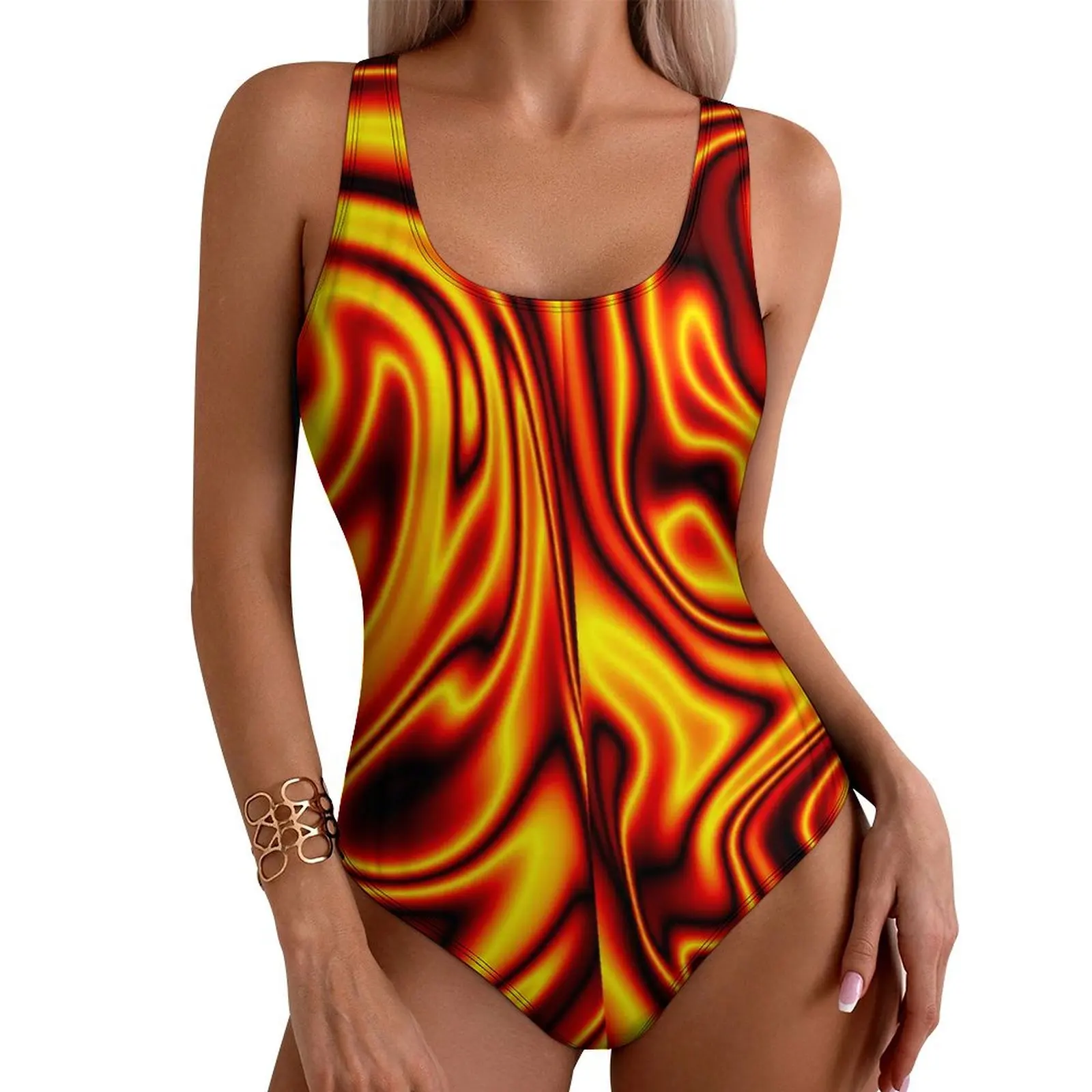 Dünner Badeanzug mit schwarzer Linie, sexy Feuerball-Aufdruck, einteilige Badebekleidung, Push-Up-Badeanzüge, moderne Urlaubs-Schwimm-Strand-Outfits Image