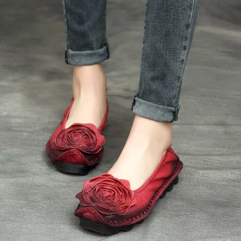GKTINOO Retro Frauen Schuhe Müßiggänger Große Blume Weiche Sohlen Casual Niedrigen Absatz Luxus Schuhe Wohnungen Elegante Echtes Leder Damen Schuhe