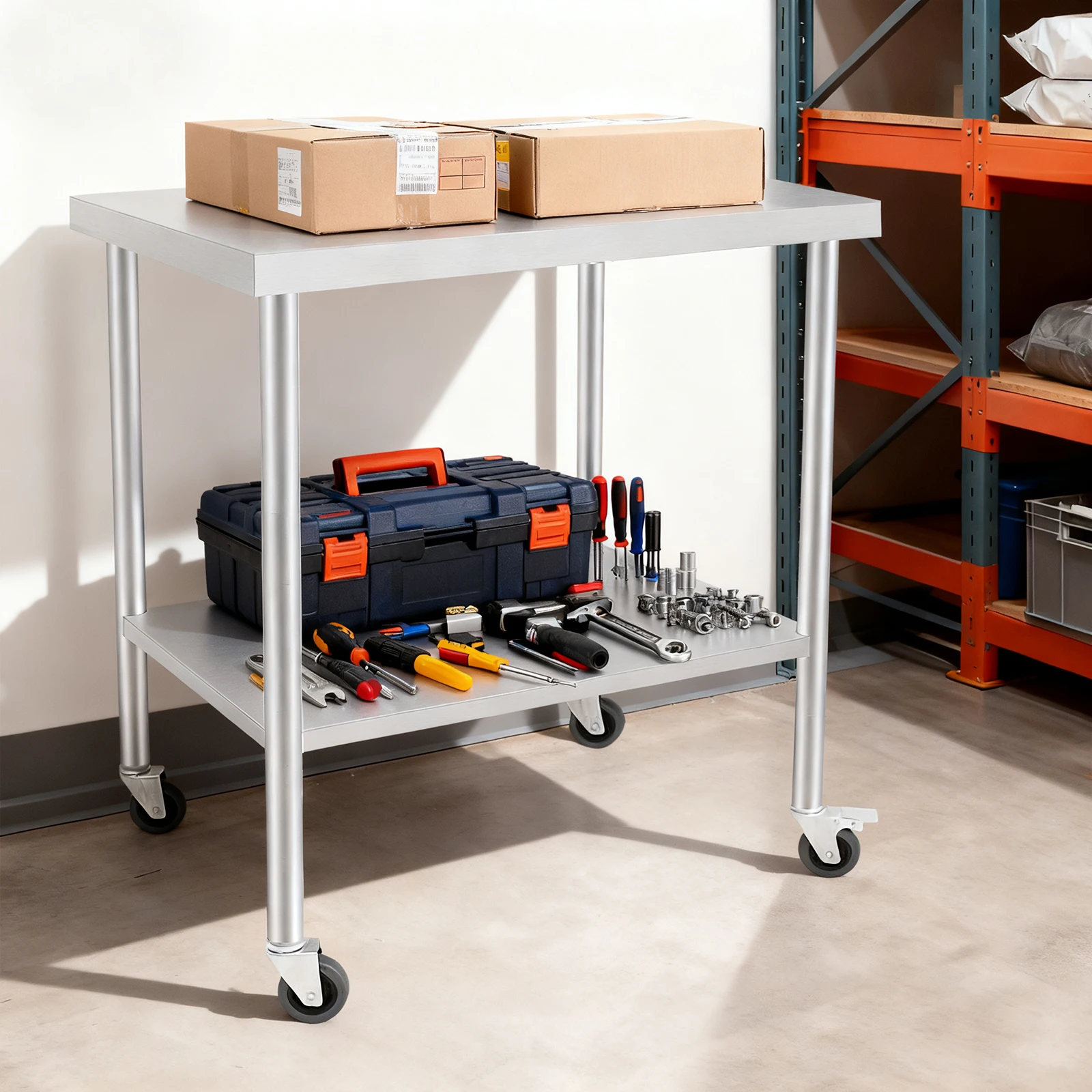 76 x 60 x 85 cm Arbeitstisch aus Edelstahl 201, mobiler 2-stufiger Wagen mit feststellbaren Rädern, für Küchenlaborwerkstatt Image