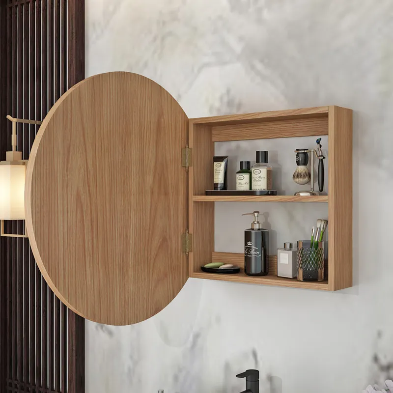 Intelligenter runder Spiegelschrank aus massivem Holz, einfaches japanisches Badezimmer, Wandspiegelkasten, ovaler Spiegelschrank aus Holz, kleine Wohnung