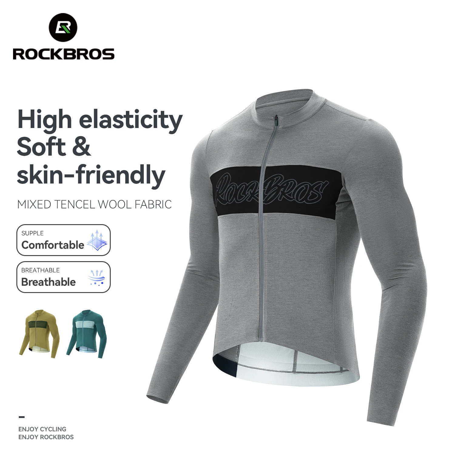 ROCKBROS Radtrikot elastisch leicht atmungsaktiv Tencel-Langarmtrikot Merinowolle Pullover Hemd Herren Fahrradbekleidung Image