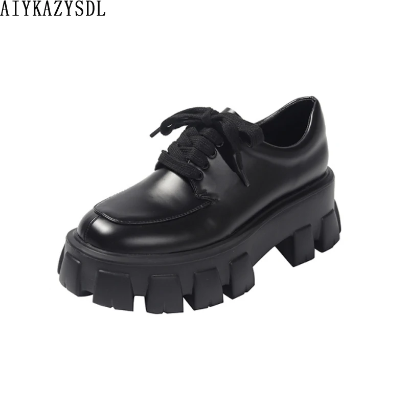 AIYKAZYSDL Frauen Wohnungen Lace Up Oxfords Casual Schuhe Plattform Dicke Sohle Boden Schuhe Student Vintage Oxford Plus Größe Dame 35-43