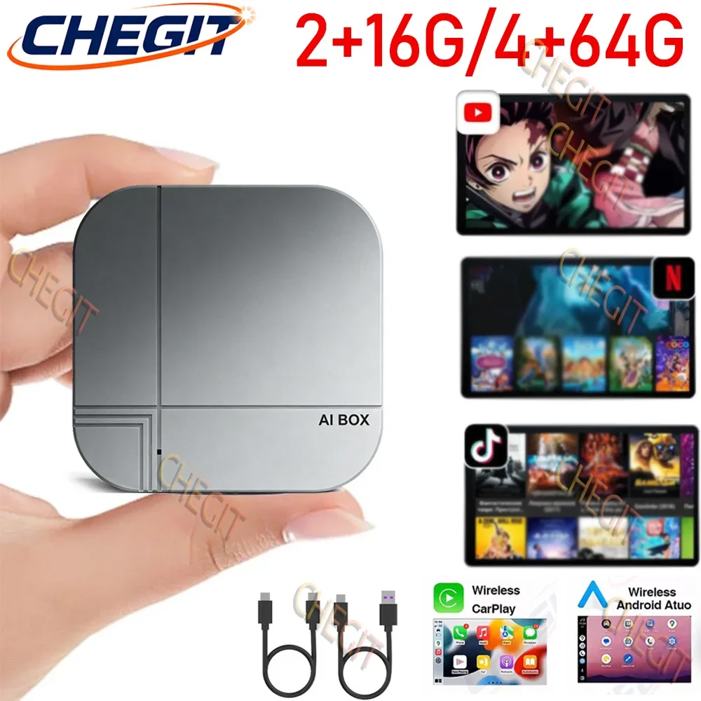 2026 CarPlay Android 14 Ai Box Android Auto 4G + 64G/2G + 16G verkabelt zu kabellosen Plug-and-Play-TV-Box für YouTube Netflix TK Image