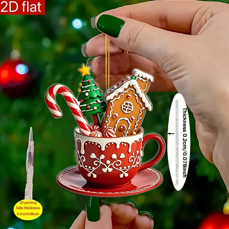 3 Stück 2D flache Acryl-Weihnachtsschreibtischdekoration mit Lebkuchenhaus und Zuckerstangen-Design für drinnen und draußen, Zuhause, Büro, Festival-Dekoration Image