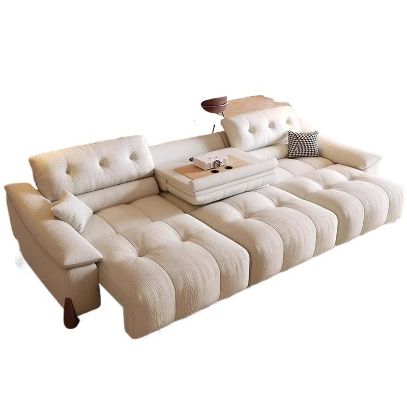 Multifunktionales, teleskopierbares, elektrisches Schlafsofa im cremefarbenen Stil für das Wohnzimmer, Inline-Reihensofa mit drei oder vier Sitzen, Stoffbezug Image