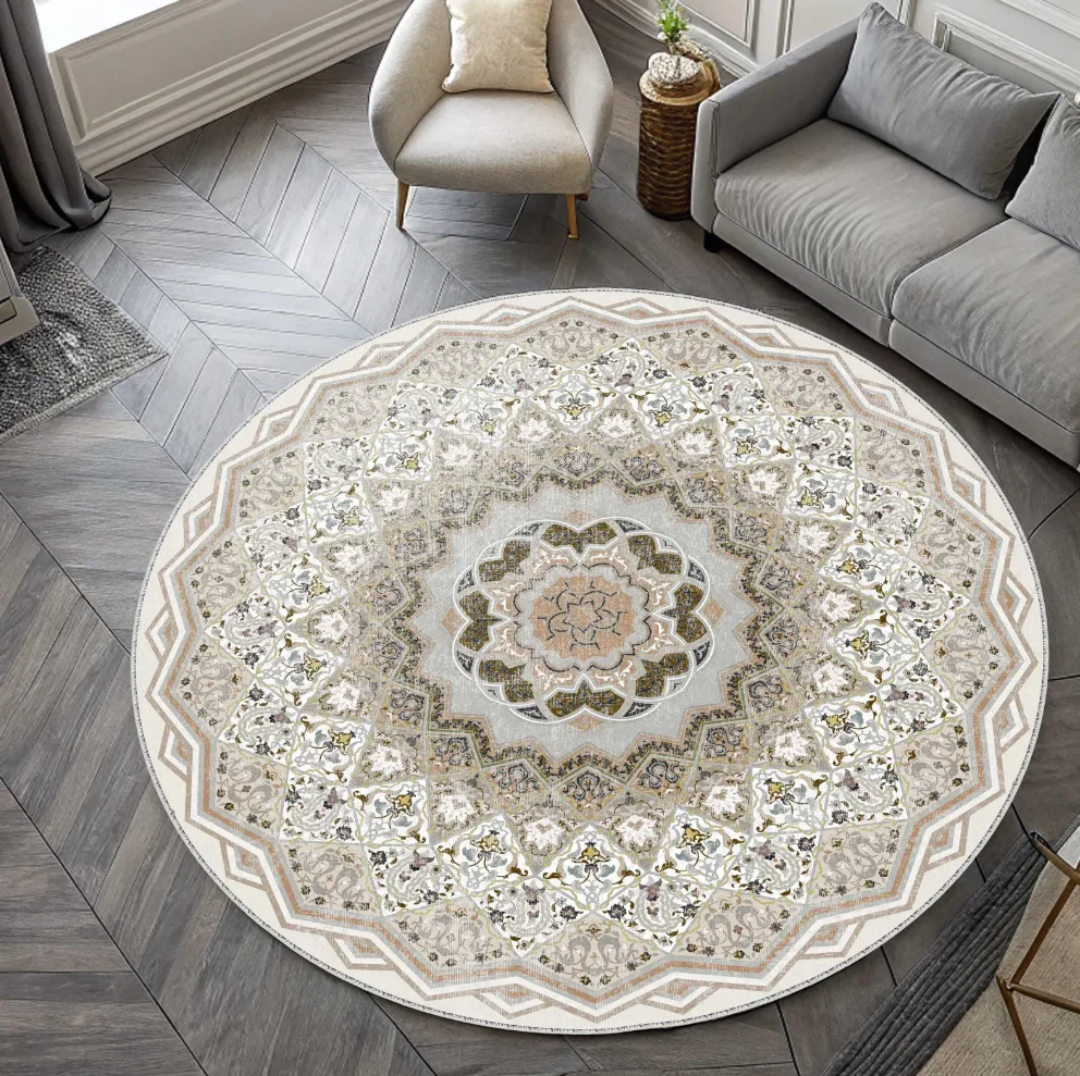 Runder Teppich im Vintage-Stil, geometrisches Blumenmuster, Matte, rutschfest, weich, stilvoll, elegant, für Wohnzimmer, Schlafzimmer, Heimdekoration Image