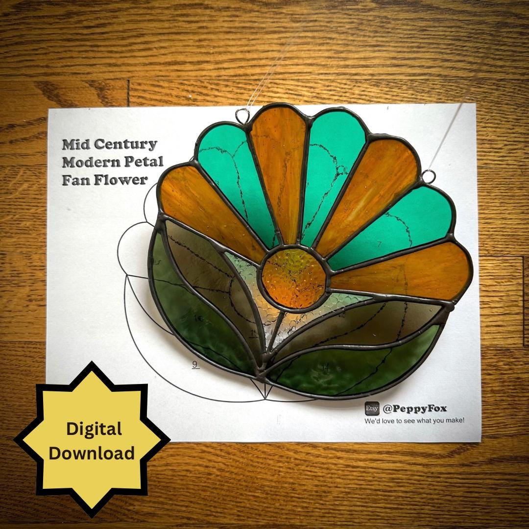 Modello per vetrate colorate - FILE DIGITALE (pdf png) - Petalo a ventaglio MCM - Modello per acchiappasole per principianti/facile - Licenza hobby e