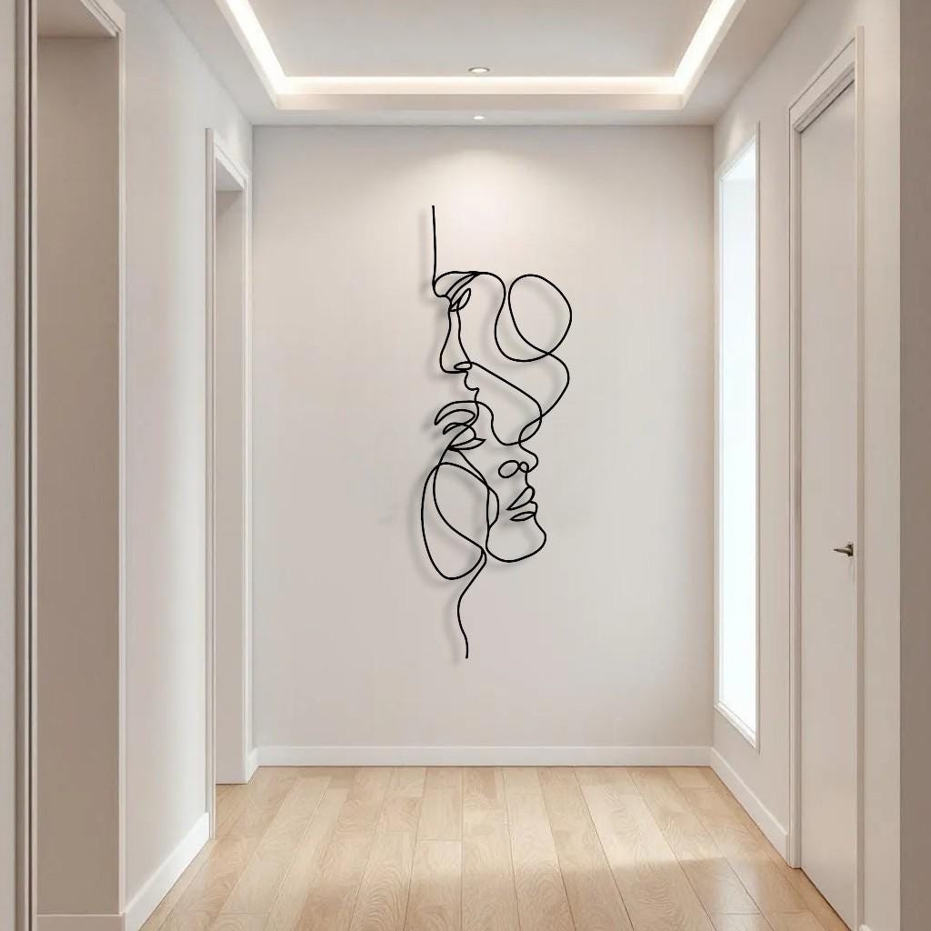 Arte astratta con linee di volto su metallo, scultura minimalista di ritratto, decorazione murale moderna a linea continua, arte contemporanea, arte s