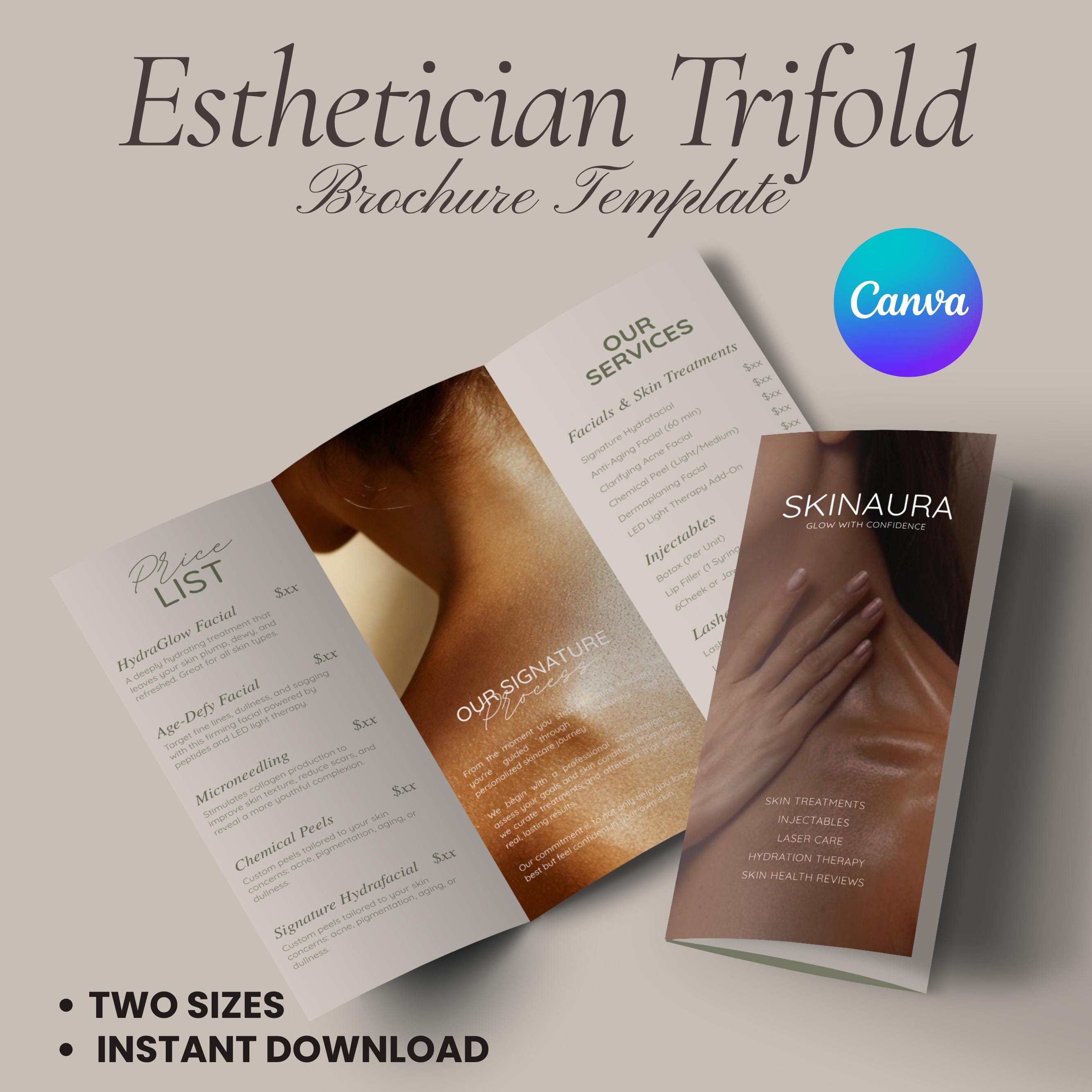 Brochure a tre ante per estetista, brochure a tre ante per listino prezzi per la cura della pelle, brochure estetica, volantino per estetista, modello