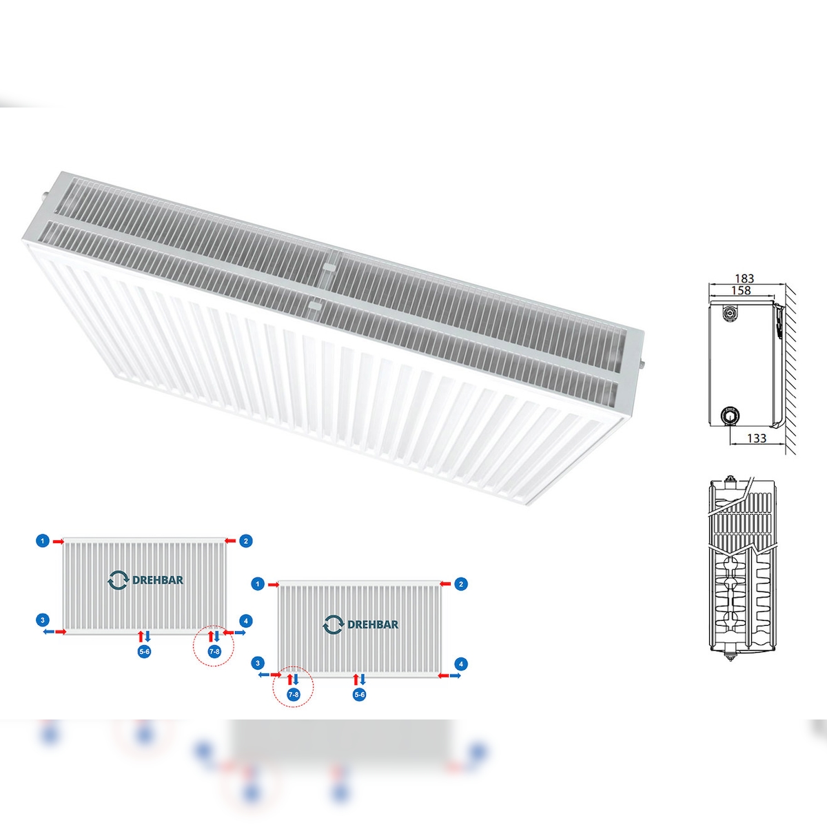 Belrad Typ 33 Universalheizkörper Ventilheizkörper Mittelanschluss mit 8 Anschlüssen T33 600 x 1800 (HxB)-4300W Image