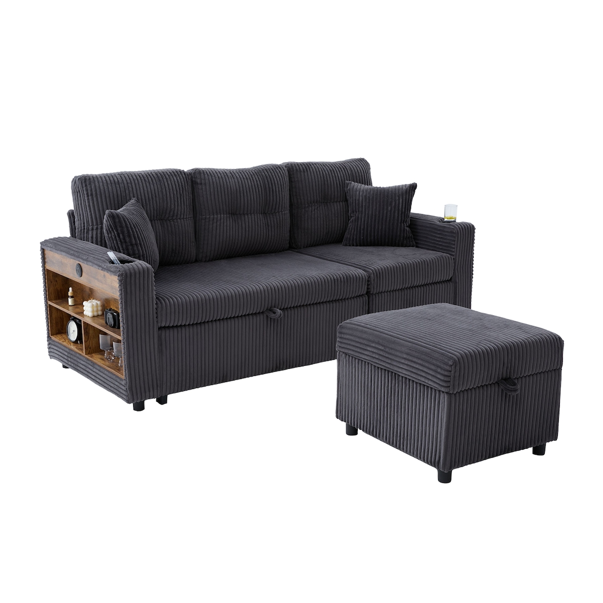 Merax 3-Sitzer-Schlafsofa mit Schlaffunktion, Mehrfunktionales Cord-Sofa mit Stauraum & Ausziehbett. Inkl. USB-C, Dunkelgrau Image