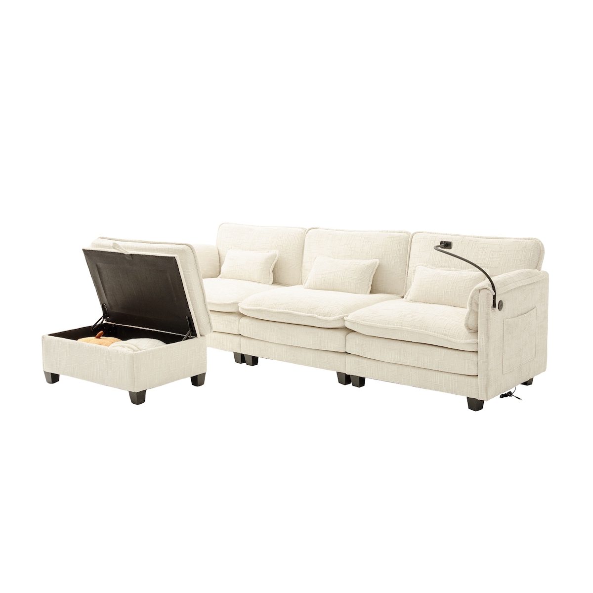 Merax 3-Sitzer Schlafsofa aus Chenille, Ecksofa Mit USB-Anschluss, Seitentasche, Handyhalter und modularen Hockern, Beige Image
