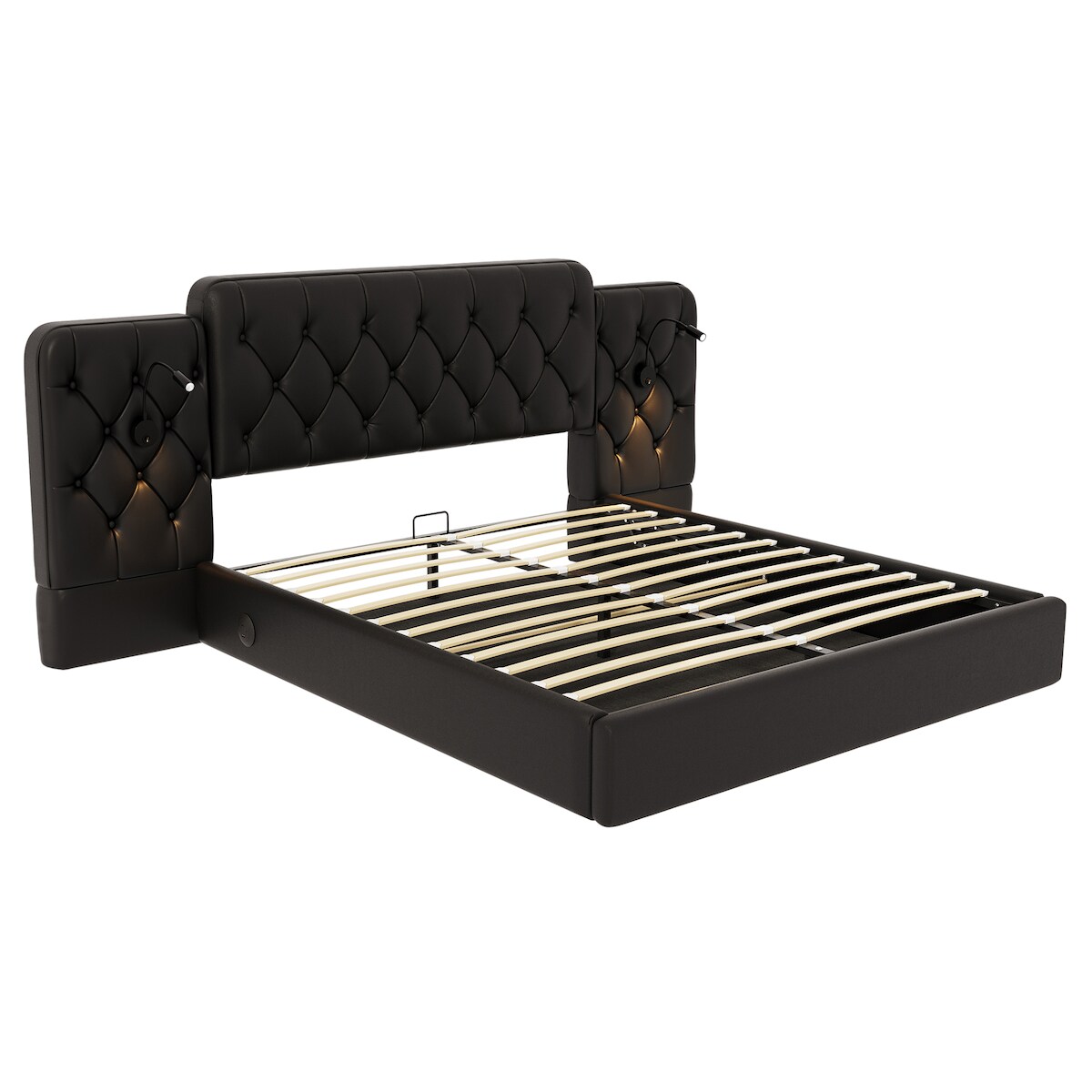 Merax Doppelbett 180 x 200cm PU-Leder Polsterbett mit langem Kopfteil, Lesebeleuchtung, USB-Anschlüssen, Hydraulik-Stauraum, Schwarz Image