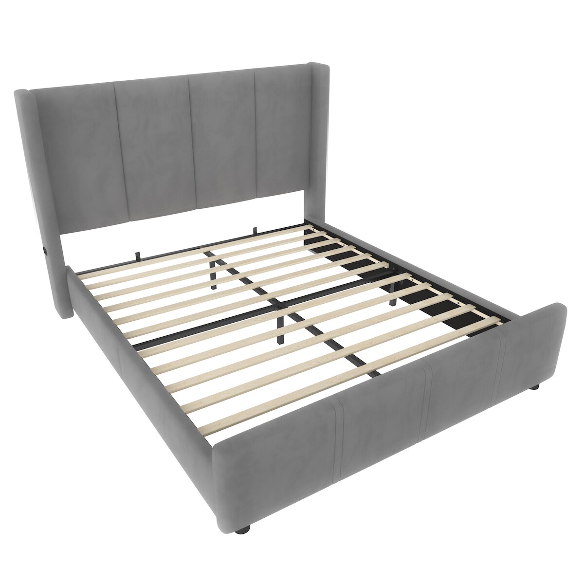 Merax Doppelbett 140 x 190cm – Samt-Polsterbett mit hohem Rücken, USB-C-Anschlüssen, Grau Image