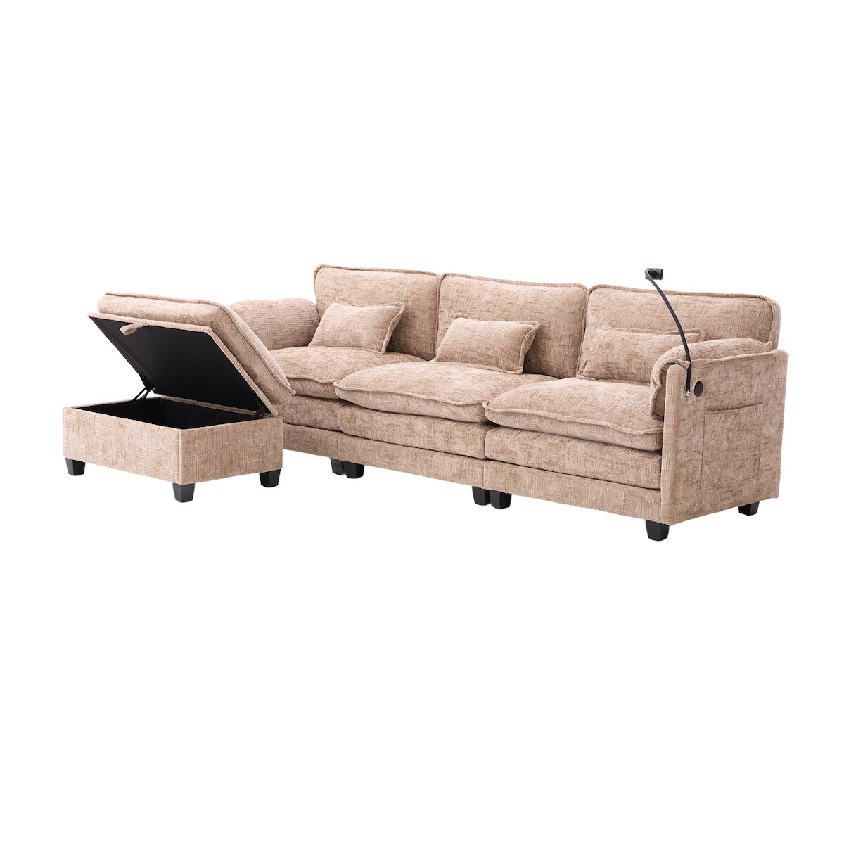 Merax 3-Sitzer Schlafsofa aus Chenille, Ecksofa Mit USB-Anschluss, Seitentasche, Handyhalter und modularen Hockern, khaki Image