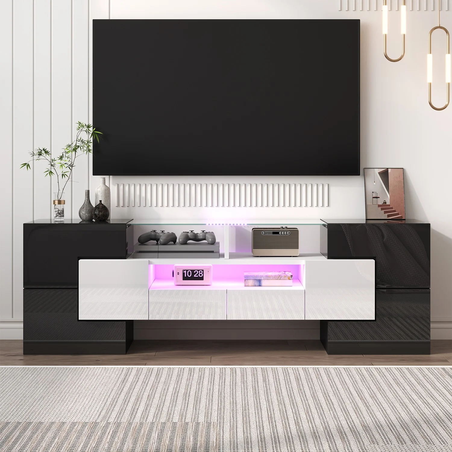 Meuble TV élégant 145x50cm, éclairage LED avec espace de rangement, surface brillante, meuble bas, mobilier de salon, noir + blanc