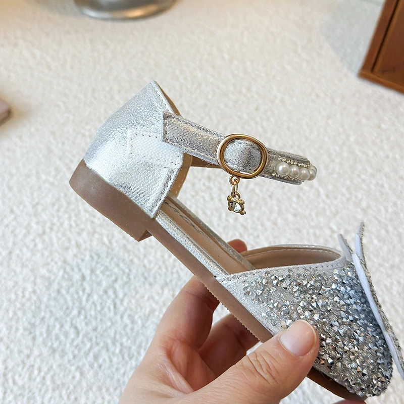 Freizeitschuhe für Kinder, Sandalen, PU-Leder, Pailletten, Perlen, Sommerschuhe für Mädchen, Klettverschluss, weicher Boden, Silber, Schwarz, Größe 21–35
