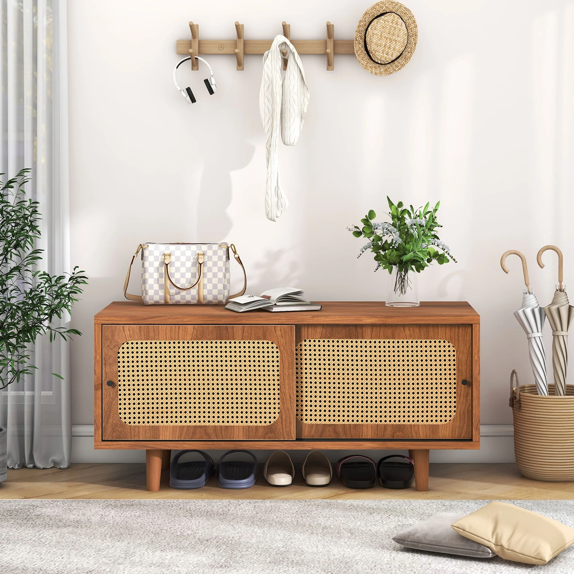 Rattan Schuhschrank mit 2 Türen mit verstellbare Ablage Walnussfarbe formschöner Schuhschrank für Flur, Wohn- und Schlafzimmer,