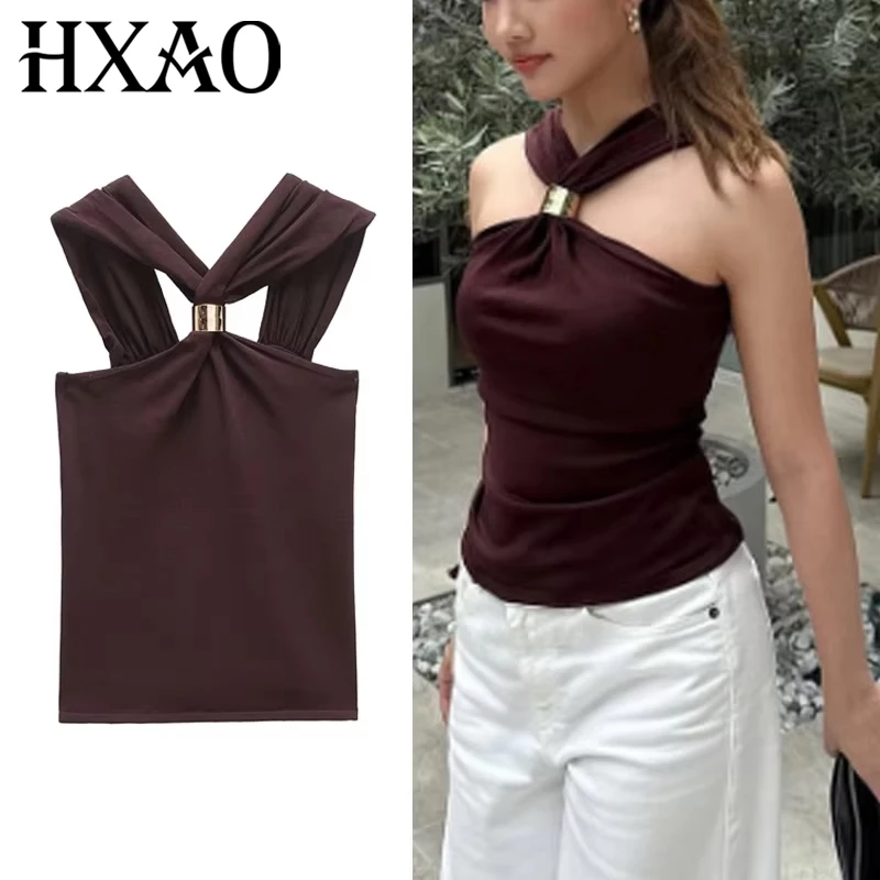 HXAO Halter Crop Top Frau Korsett Ärmelloses Strick Top Frauen Sommer Braun Enge Tops Geraffte Sexy Backless Tank Tops 088