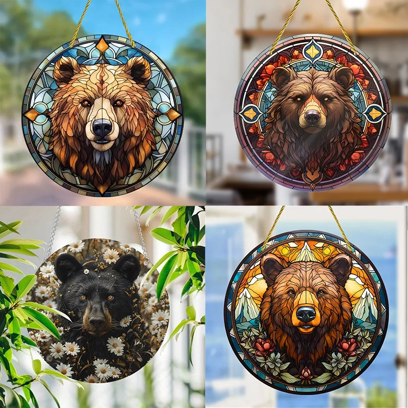 1 Stück Braunbär Acryl-Sonnenfänger, gebeiztes Fenster, zum Aufhängen, kreisförmig, Logo, Kranz, Dekoration, Zimmer, Wohnzimmer, Fenster, erhältlich Image