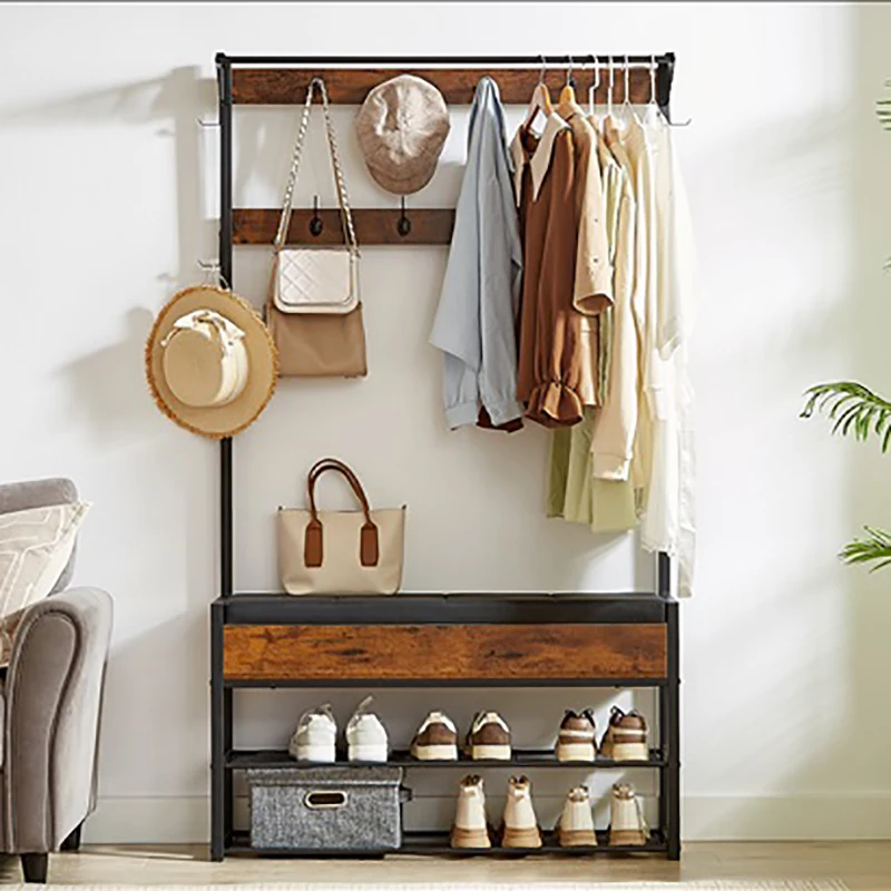 Industrieller Garderobenständer mit Schuhbank, 10 Haken, rustikales Holz & Metall, freistehender Kleiderständer zum Aufhängen von Kleidung, Taschen, Hüten Image