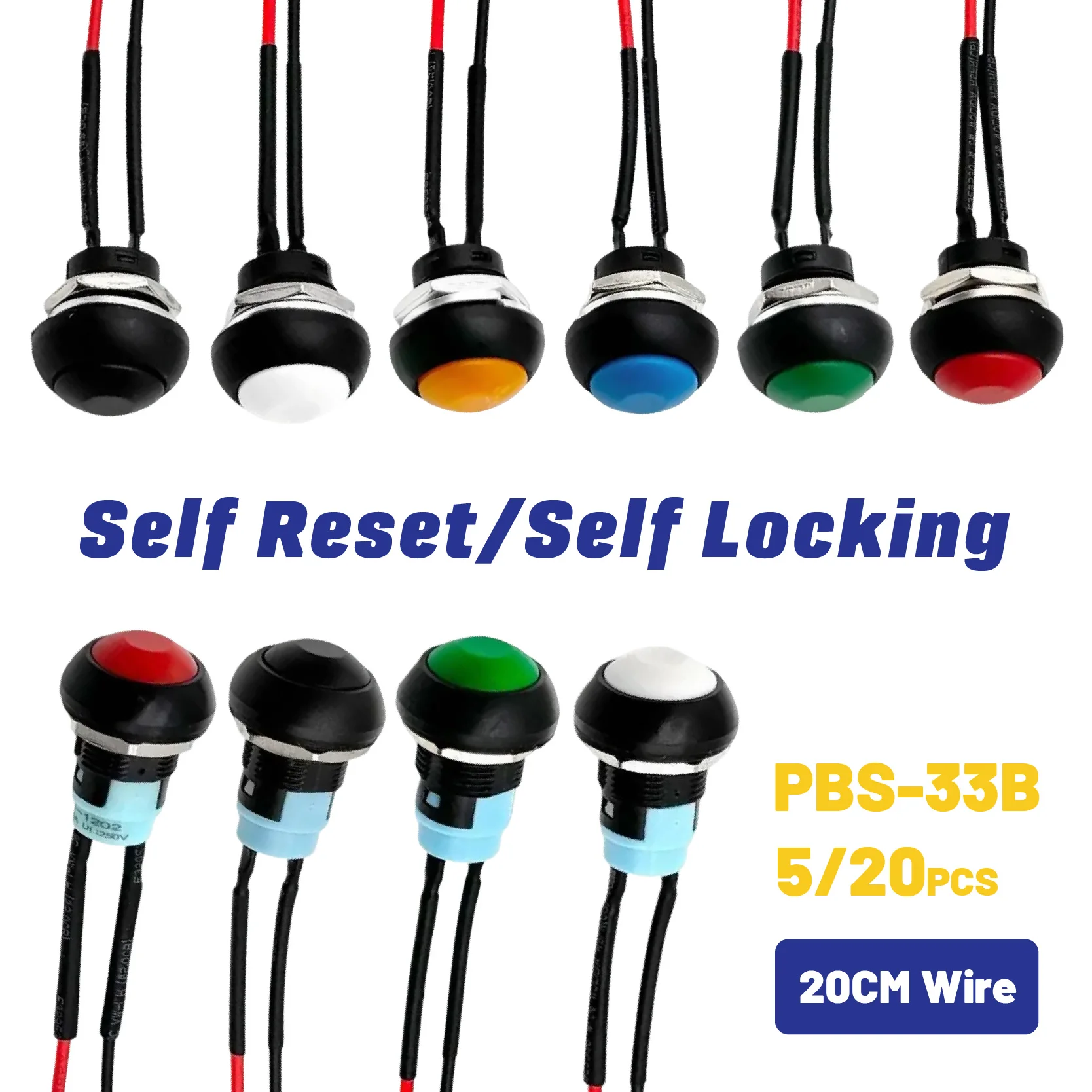 5/20 Stück selbstrückstellender selbstsichernder mit 20 cm vorgelötetem Draht PBS-33B Momentary Push Button Mini Round Switch 2Pin 12 mm Image