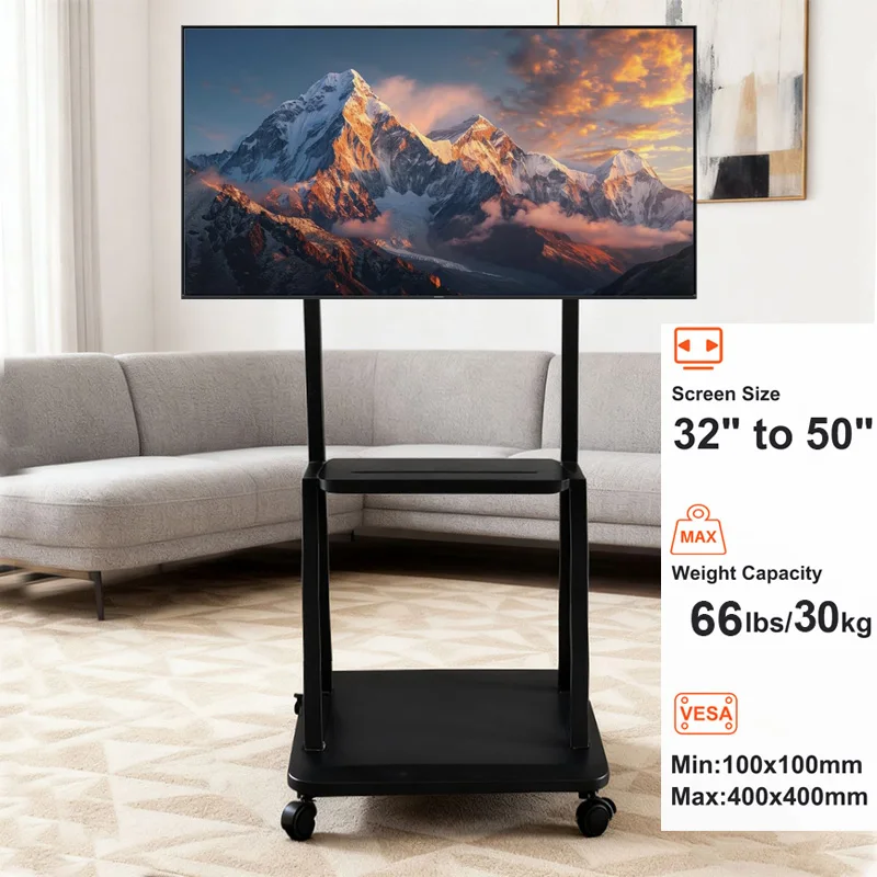 BEISHI Mini Rollbarer TV-Ständer für 32-50 Zoll Flachbildschirm und Curved TVs, Höhenverstellbarer Tragbarer TV-Ständer mit Kunststoffrädern, Maximale Belastung 30 kg