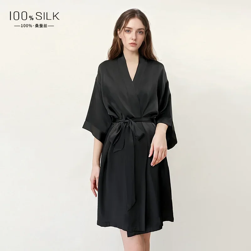 100 % Maulbeerseide Kimono Bademantel Sexy Nachtwäsche Hochzeit Morgenmantel Damen Nachthemd Seide Braut Nacht Robe Gürtel Nachtwäsche Image