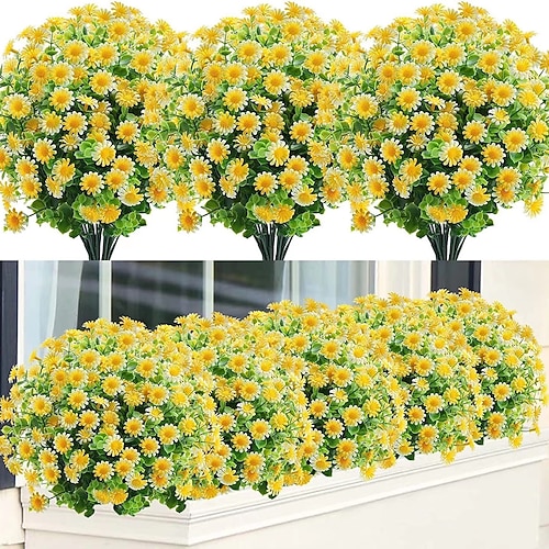 12 Bündel künstliche Gänseblümchen, künstliches Grün, UV-beständige Friedhofsblumen für drinnen und draußen, Partys, Garten, Hängeampeln, Fensterkästen und als Heimdekoration Image