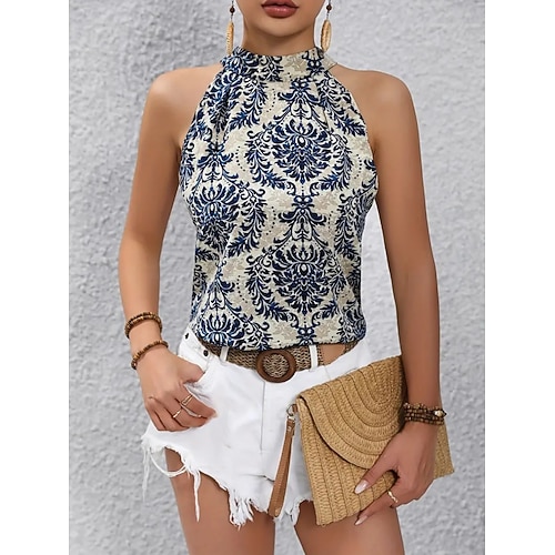 Damen T Shirt Tank Top Ärmelloses Shirt T-Shirt Einfarbig Grafik Pflanzen Elegant Bohemien Mode Ärmellos Hoher Ausschnitt Normale Oberteile Täglich Ausgehen Wochenende Blau Sommer Frühling Image