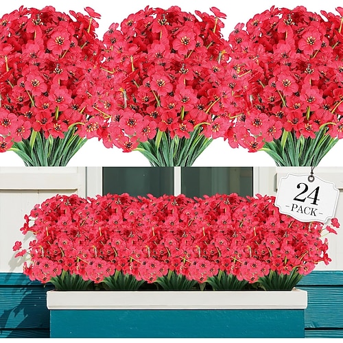 24 künstliche Blumenbündel für den Außenbereich, farbechte Kunstblumen aus Kunststoff, künstliche Pflanzen zur Dekoration in Hängeampeln für drinnen und draußen, Garten, Veranda, Fensterkasten, Image