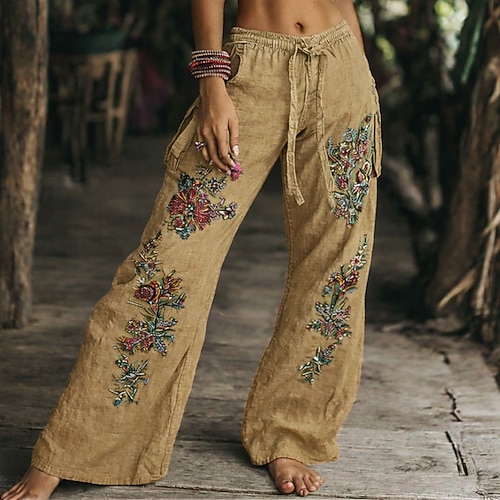 Damenhose mit weitem Bein, Boho-Stil, volle Länge, natürlicher Blumentaschendruck, elastisches Kordelzug-Design, bequem, für Outdoor, Urlaub, Wochenende, grün, Sommer, normale Passform Image