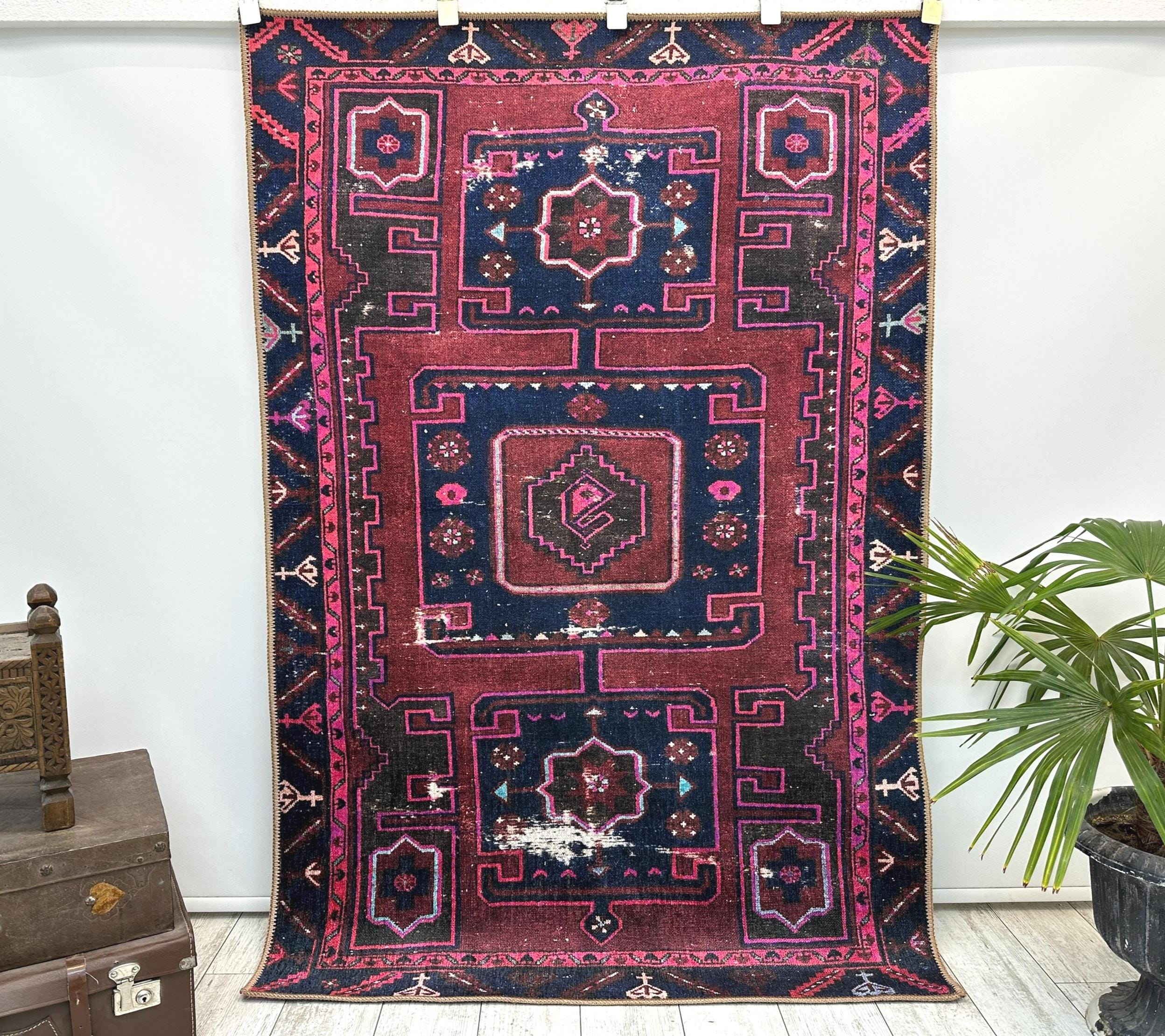 Rosa Persischer Design Teppich 120 x 180 cm, Waschbarer Teppich persisch, Oushak Teppich, Wollteppich, Wohnzimmer, Marokkanischer Teppich 4x6