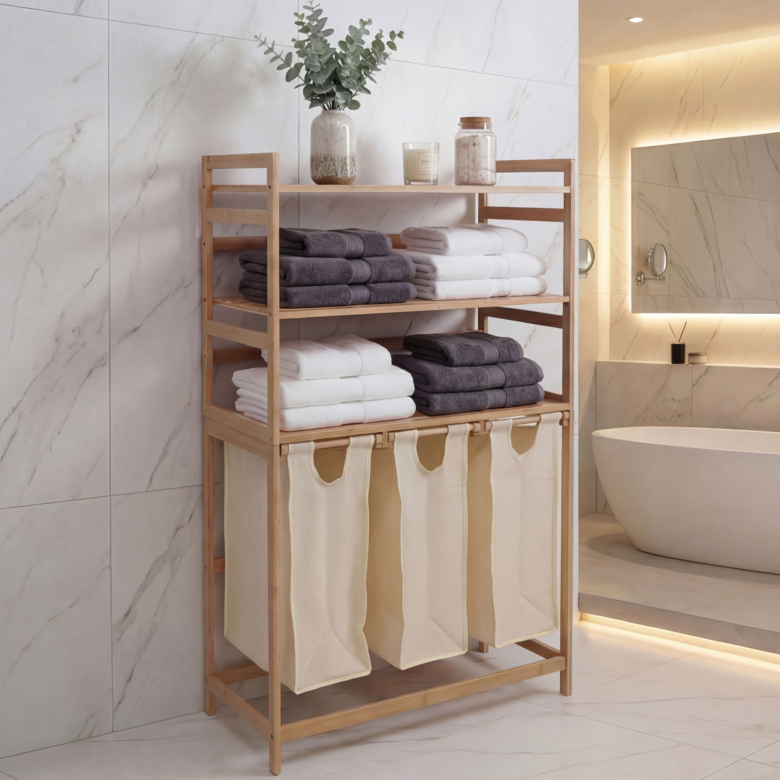 Bambus Wäschesammler HWC-P78, Wäschesortierer Wäschekorb Regal Wäscheorganizer, 3 Ablagen FSC® 125x80x40cm 135L ~ creme - www.heute-wohnen.de