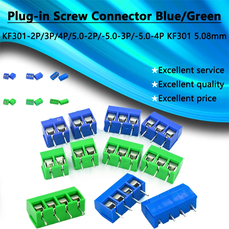 10–50 Stück Leiterplattenmontage-Schraubklemmenblock-Anschluss, gerader Stift, KF301-2P/3P/4P, 5,0-2P/3P/4P, 5,08 mm Anschlüsse/Block für Arduino Image