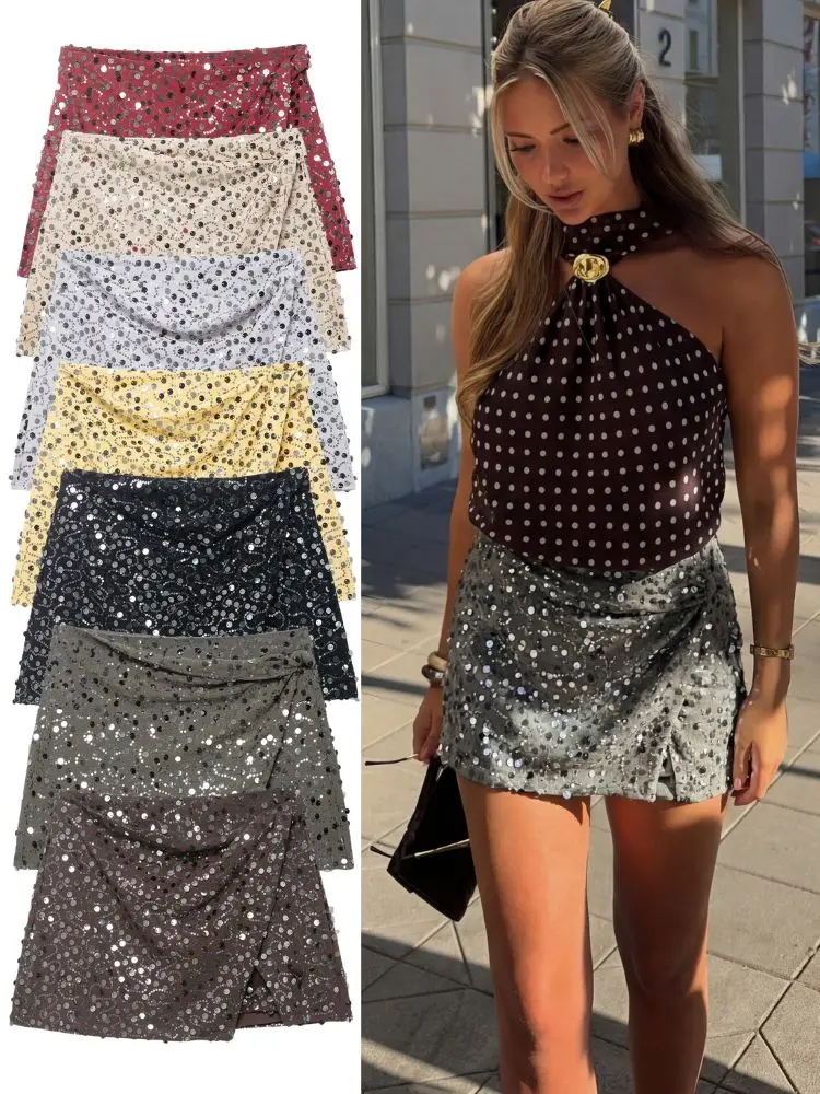 HH Elegante Frauen Soild Pailletten Mini Rock 2026 Frühling Sommer Weibliche Asymmetrische Seite Zipper Hohe Taille Straße Club Party Rock Image