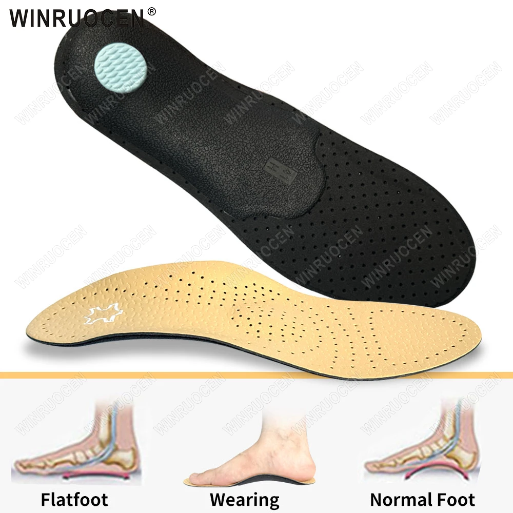Orthopädische Einlegesohlen aus Leder, orthopädische Fußgewölbeunterstützung, Plattfuß, O/X-Beinkorrektur, PU-Latex, antibakteriell, Aktivkohle, für Männer und Frauen Image
