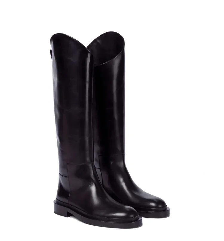 Europäische und amerikanische Damenmode, runde Zehen, knielange, flache Lederstiefel, Größe 34–46, Ritterstiefel für Damen