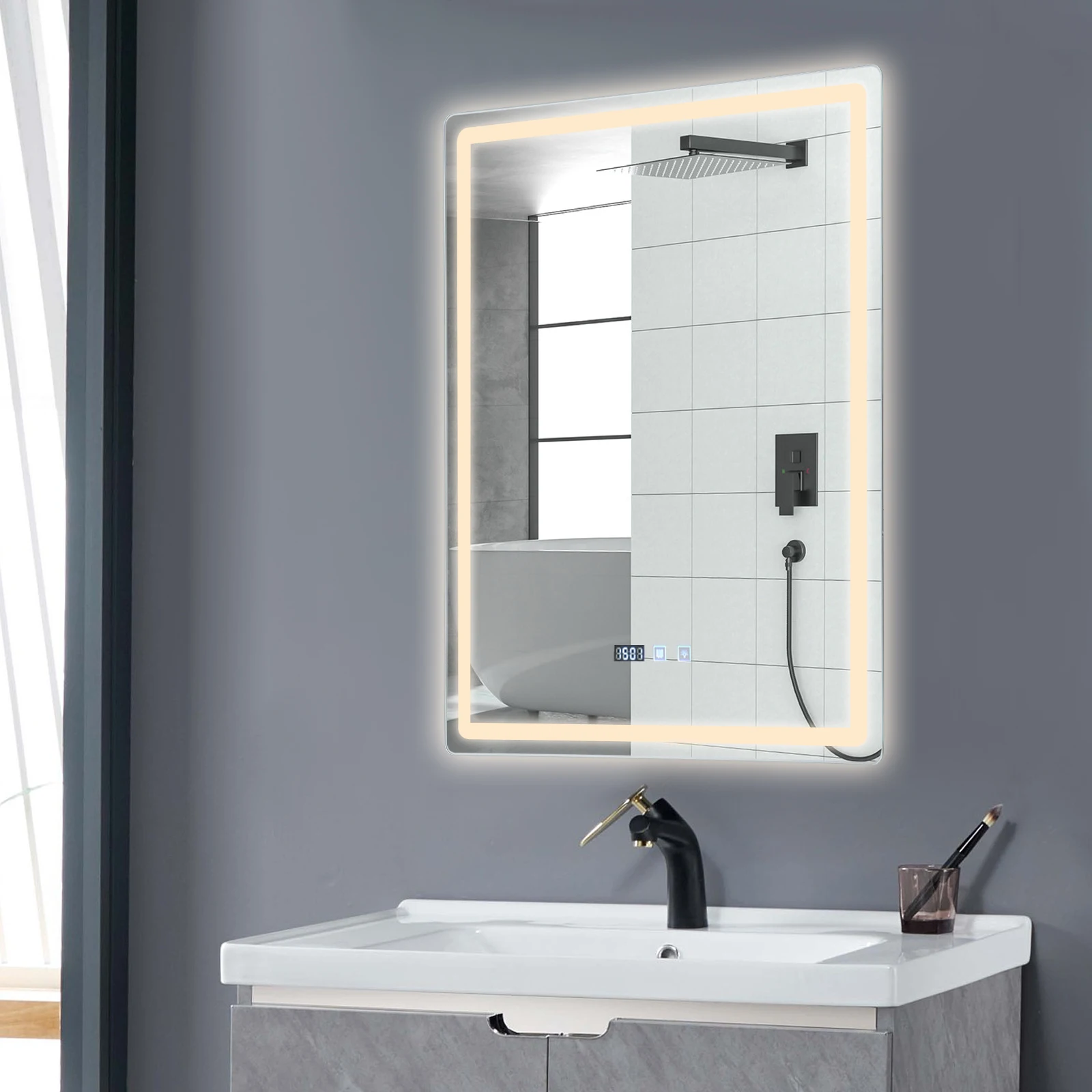 LED-dimmbarer Badezimmerspiegel mit hellem Badezimmerspiegel, wandmontierter intelligenter Badezimmerspiegel, für Waschräume, Toiletten, Hotels