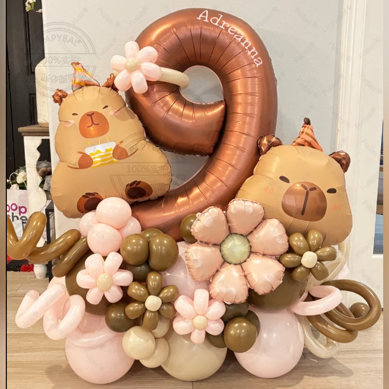 54 stücke Retro Karamell Farbe Ballons Set Capybara Aluminium Folie Ballon Digitale 1-9 Aluminium Film Ballons Geburtstag Party Versorgung Image