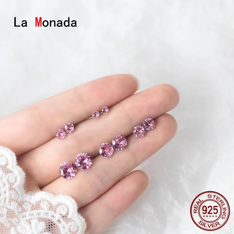La Monada Ohrstecker aus 925er-Sterlingsilber, 925er-Sterlingsilber, kleine rosa Diamant-Silberohrringe für Frauen, Silber, durchbohrt, Mädchen, Student, glänzend