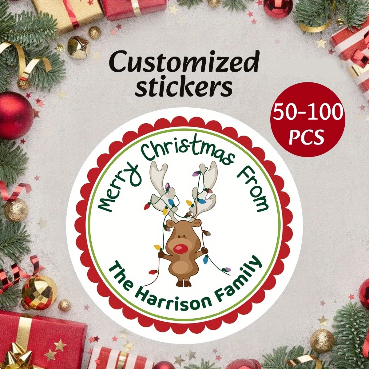 4–7 cm personalisierte Rentier-Weihnachtsaufkleber, individuelle Weihnachtsgeschenk- und Umschlagetiketten – Harrison Family Merry Christmas Etiketten Image