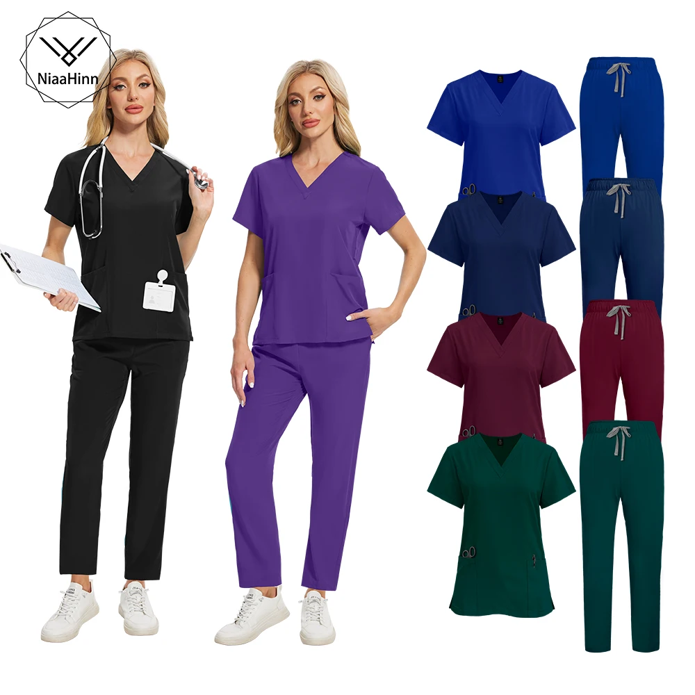 Niaahinn Scrubs Medizinische Uniformen Frau Zahnklinik Veterinäruniform Arzt Krankenschwester Scrub Sets Hochwertige atmungsaktive Arbeitskleidung Image