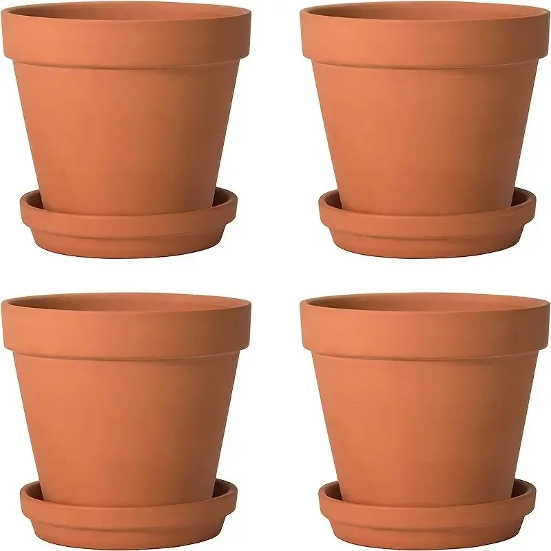4 Stück Terrakotta-Töpfe, 10,2 cm (4er-Pack), Tontöpfe für Pflanzen mit Ablaufloch und Untertasse, Blumentopf mit Tablett, große Terrakotta Image