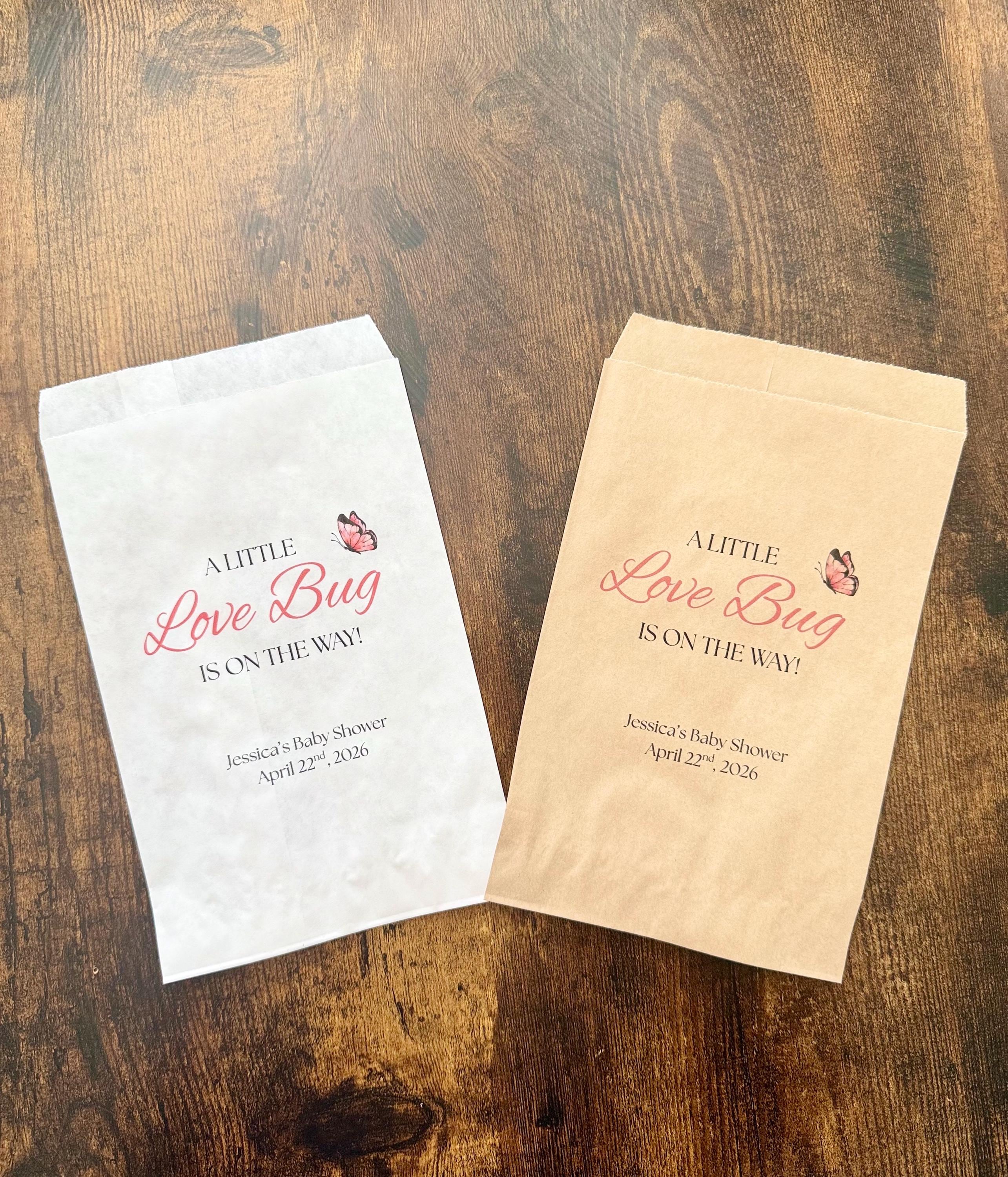 Un piccolo Lovebug è in arrivo: sacchetti per bomboniere, sacchetti per dolcetti, tema baby shower primaverile, bomboniera per baby shower estivo, sac