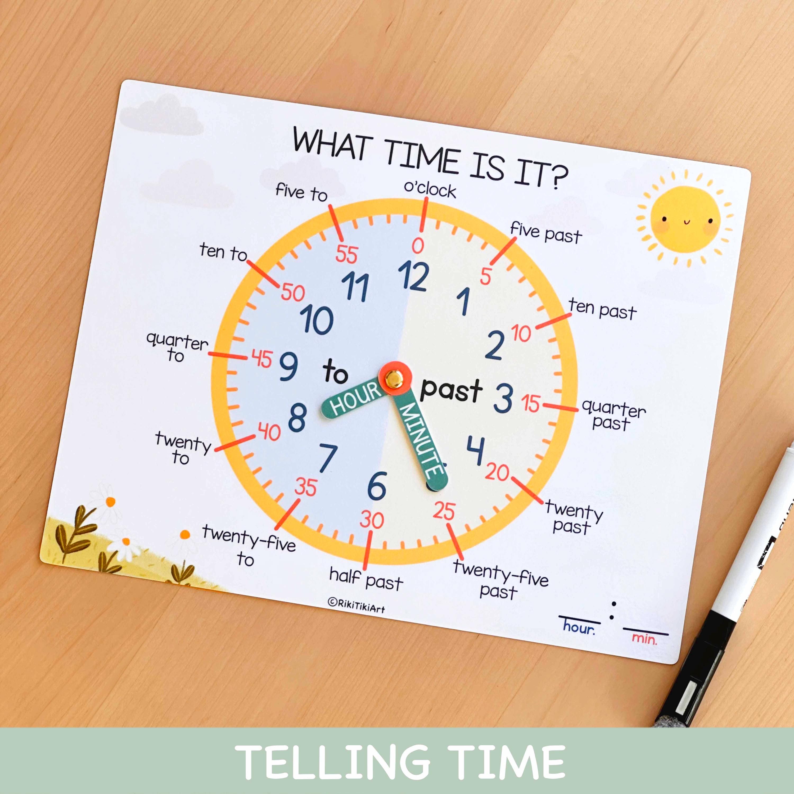 Attività per dire l'ora ai bambini, foglio di lavoro stampabile con orologio didattico Montessori, attività educative per bambini piccoli