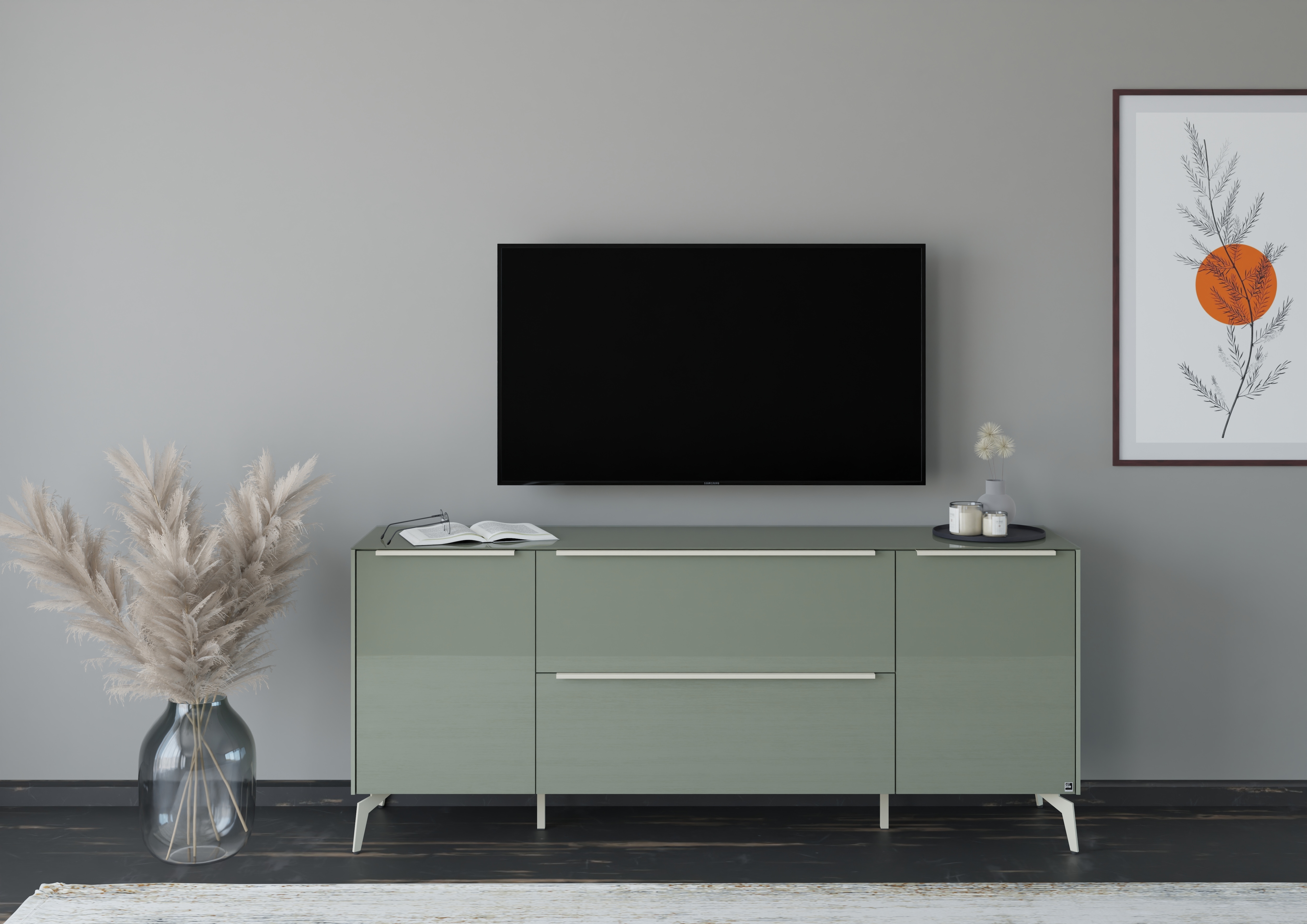 Lowboard "Reno", olivgrün matt lack, glas olivgrün glanz, B:182cm H:78cm T:42cm, Glas, Holzwerkstoff, SET ONE BY MUSTERRING, Sideboards, Lowboard, Mit Winkelfuß in diversen Farben, 78 cm Höhe & Farbauswahl Image