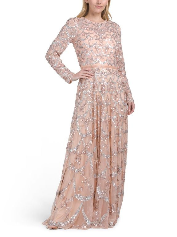 Long Sleeve Embellished Gown For Polyester - Pink - Tj Maxx Dresses