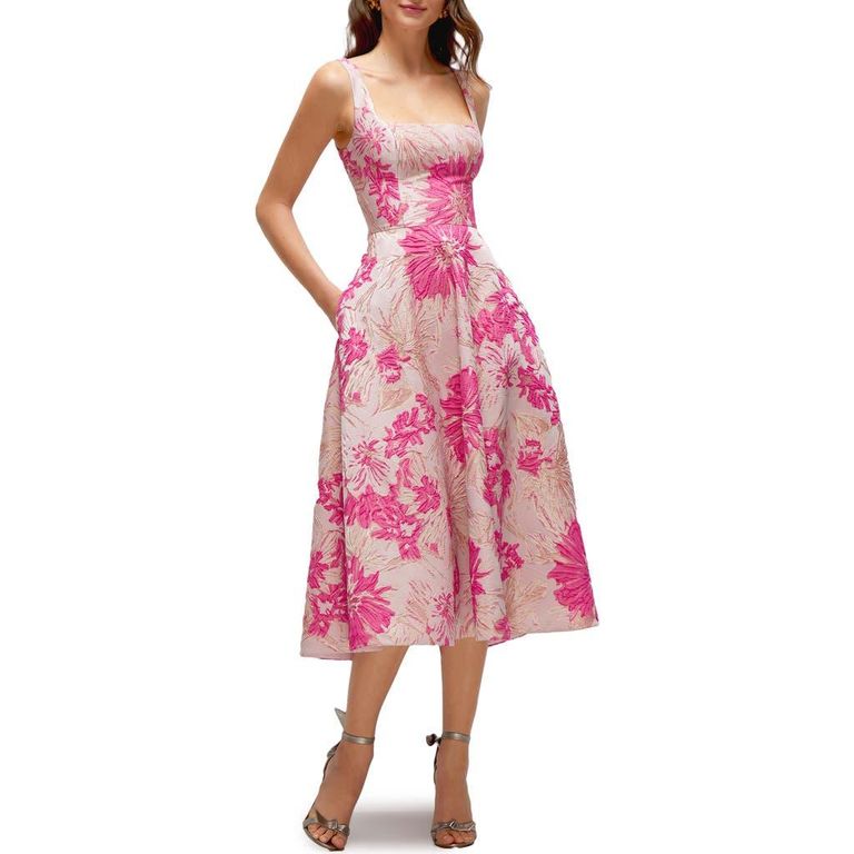 Floral Jacquard Sleeveless Fit & Flare Midi Dress - Pink - Dessy Collection Dresses