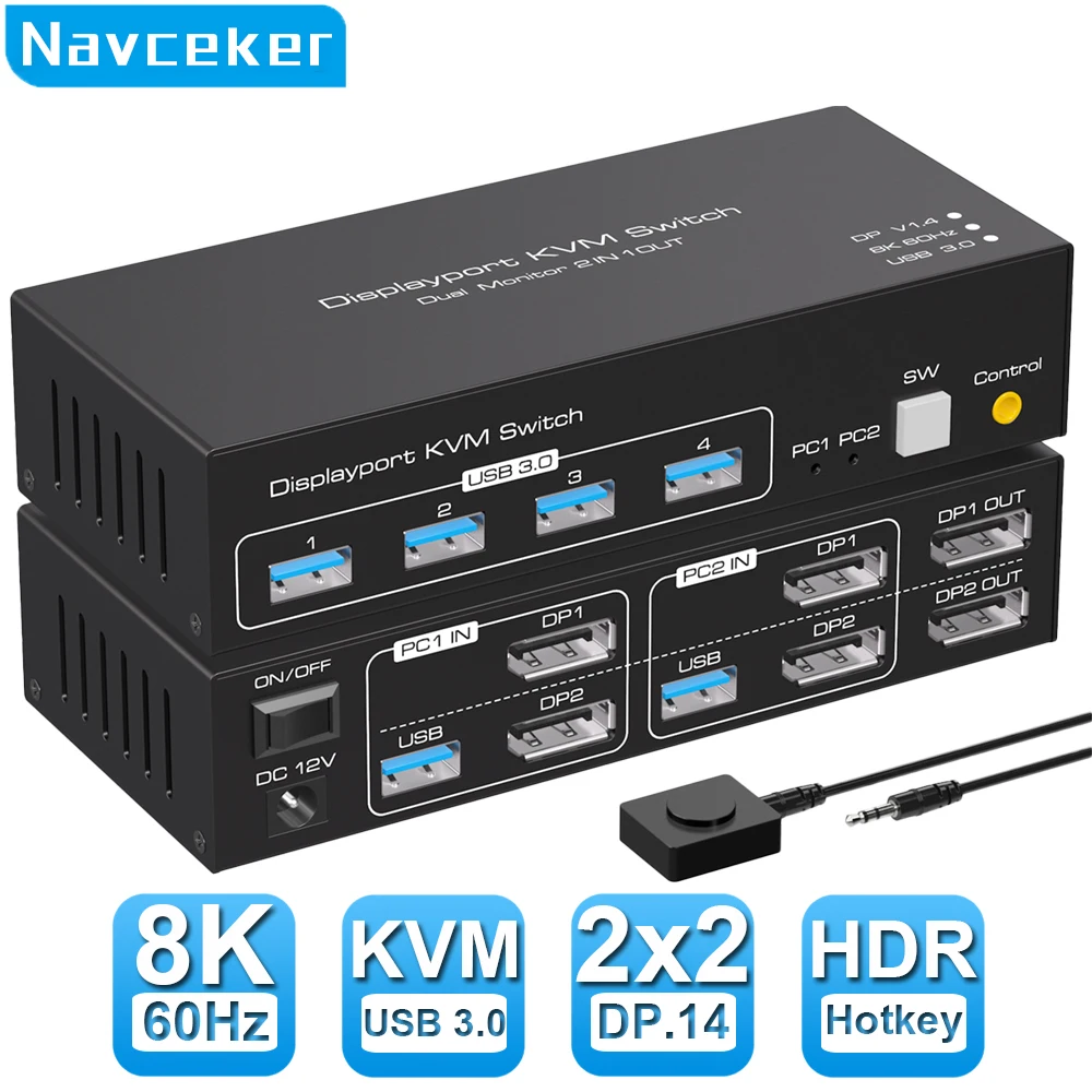Navceker Dual Monitor DP KVM Switch 4K 120Hz 2x2 USB 3.0 HDMI KVM Switch 2 in 2 out 8K 60Hz Display misto 2 Monitor 2 Computer